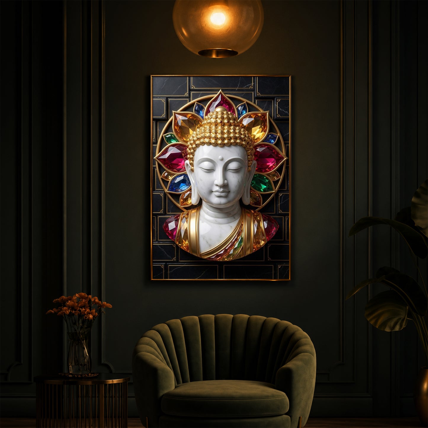 White Buddha Face Modern Luxury Backlight Vertical Wall Art