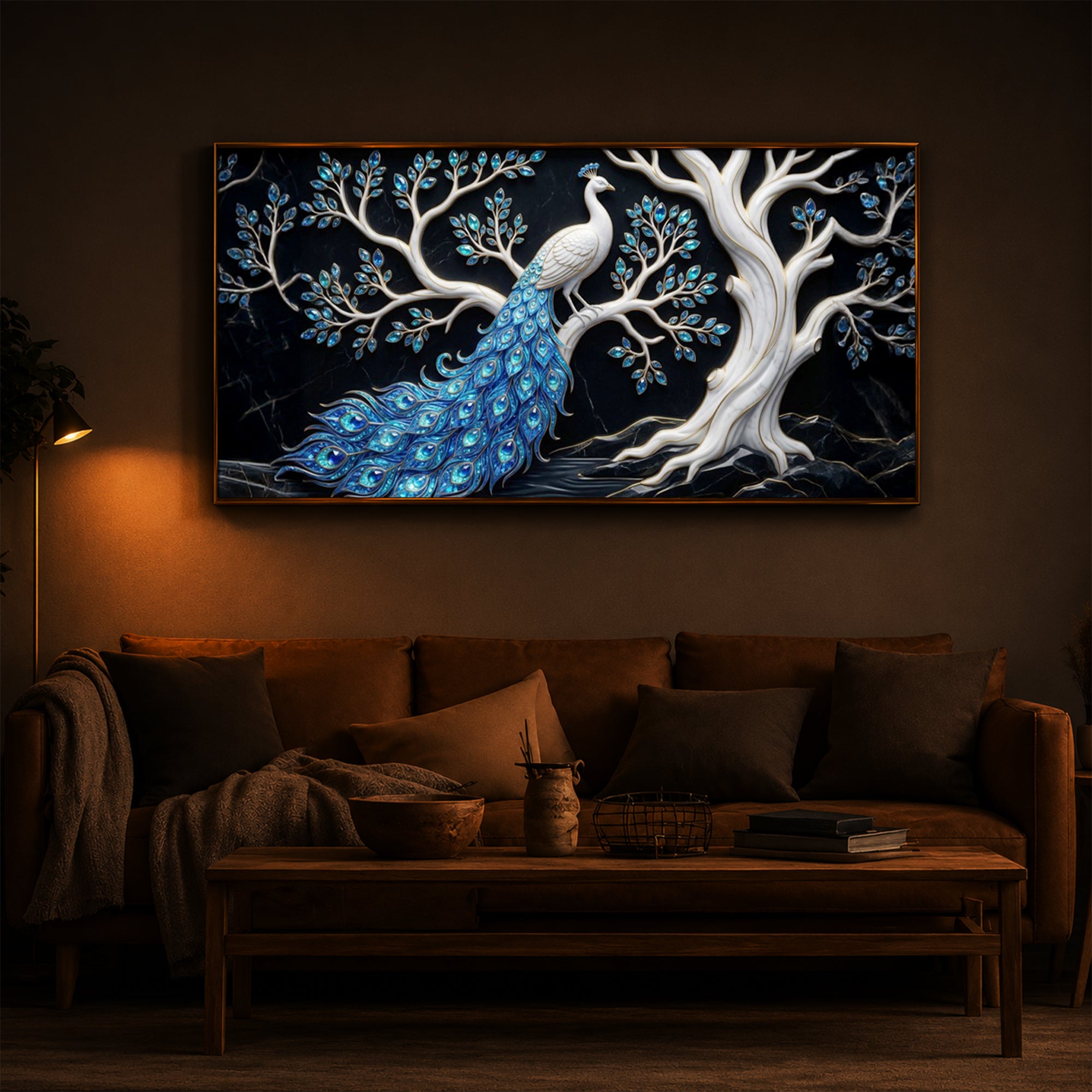 Peacock With Blue Feather Modern Luxury Backlight Horizontal Wall Art
