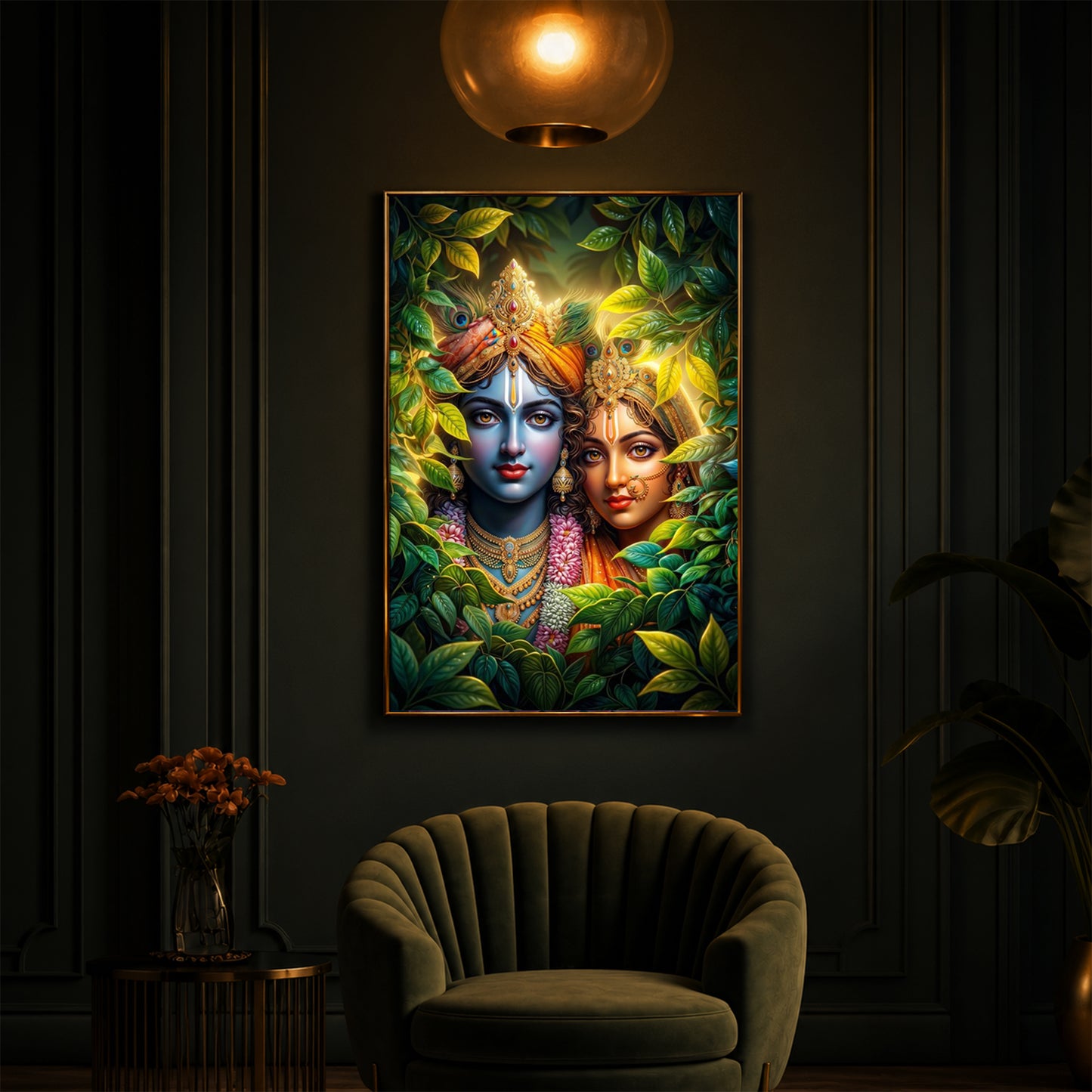 Lord Radha Krishna With Nature Modern Luxury Backlight Vertical Wall Art