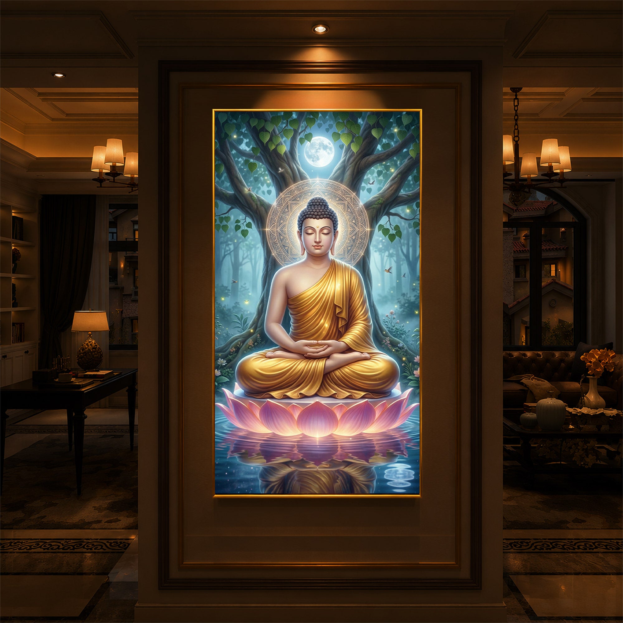 Meditation Buddha Modern Luxury Backlight Vertical Wall Art