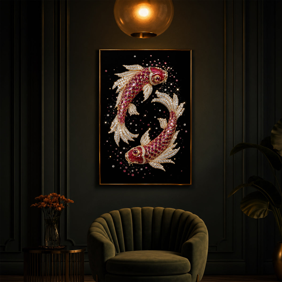 Koi Fish In Ruby Diamond Modern Luxury Backlight Vertical Wall Art