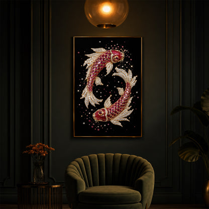 Koi Fish In Ruby Diamond Modern Luxury Backlight Vertical Wall Art