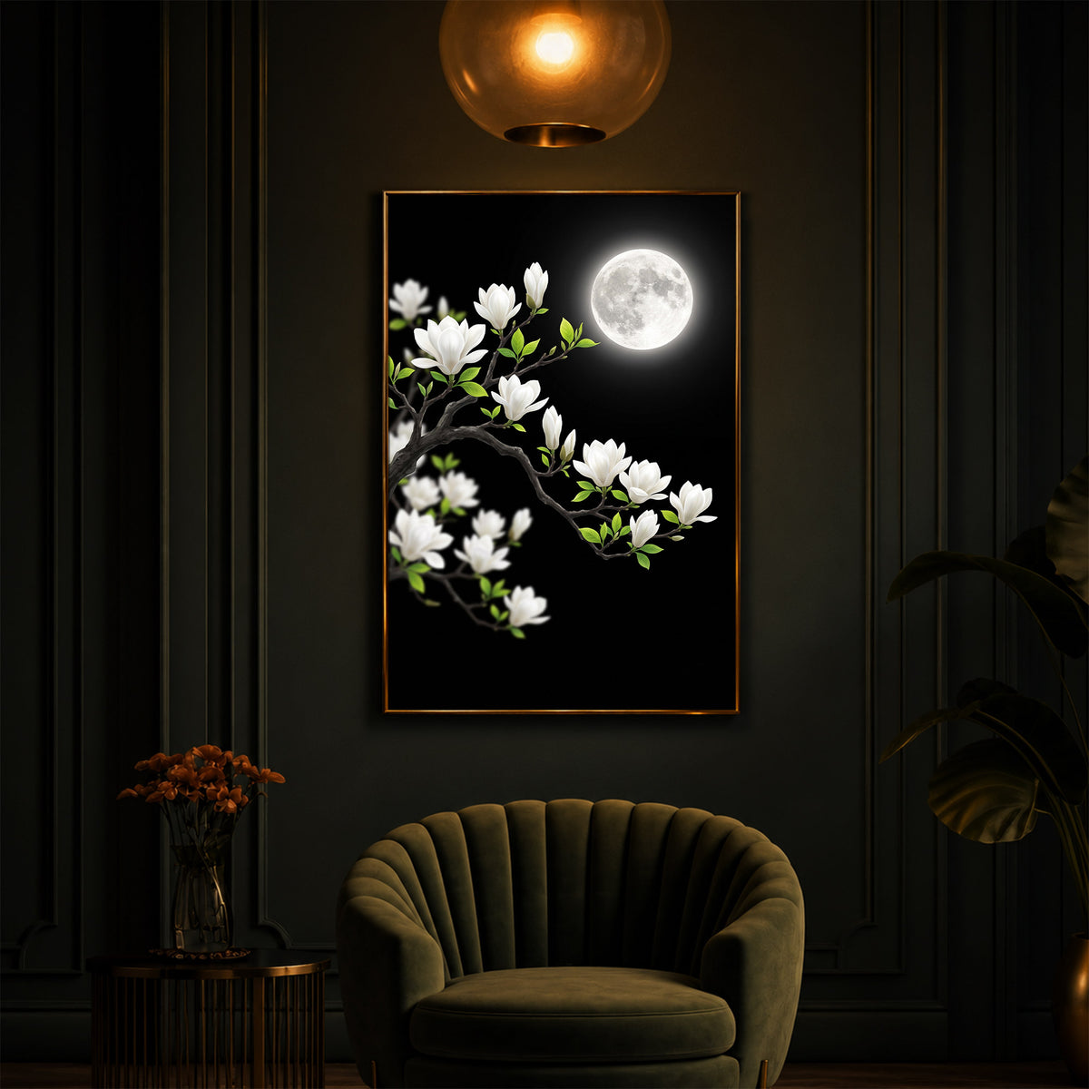 Moonlit White Magnolia Modern Luxury Backlight Vertical Wall Art