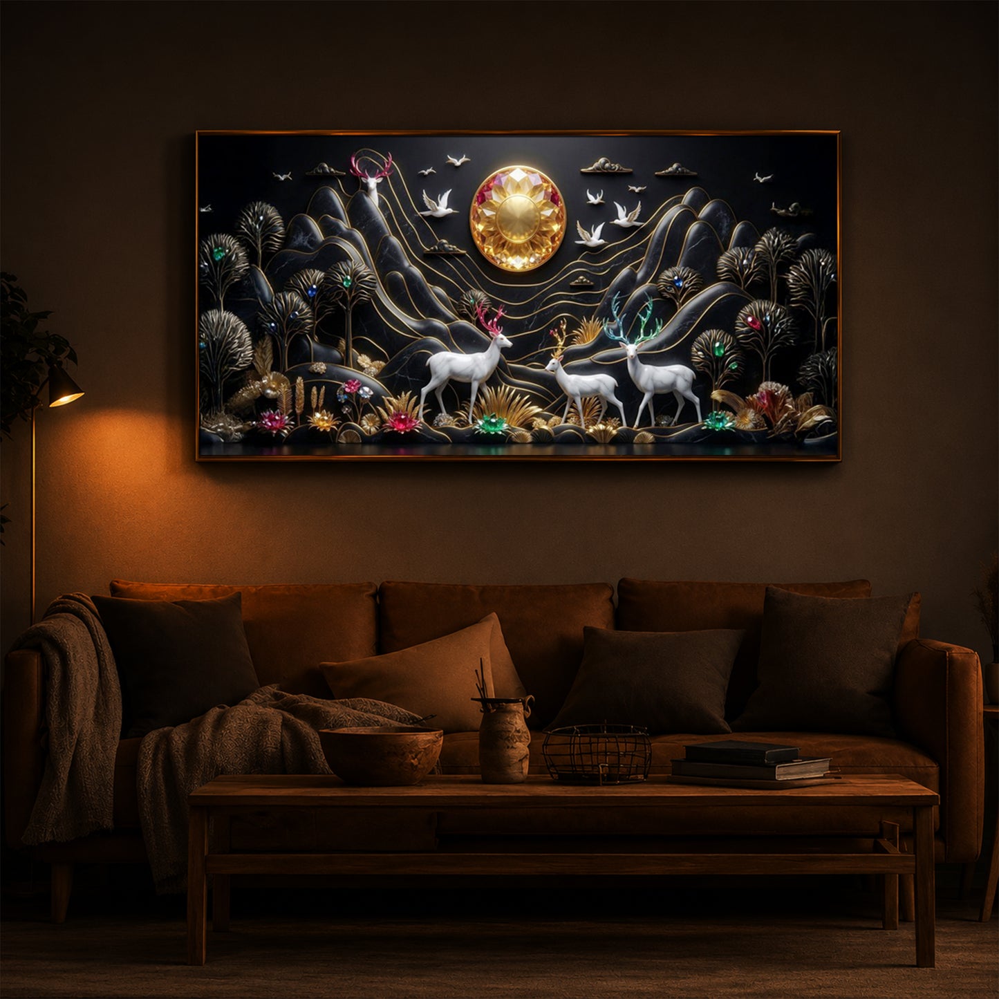 White Deer With Family Modern Luxury Backlight Horizontal Wall Art