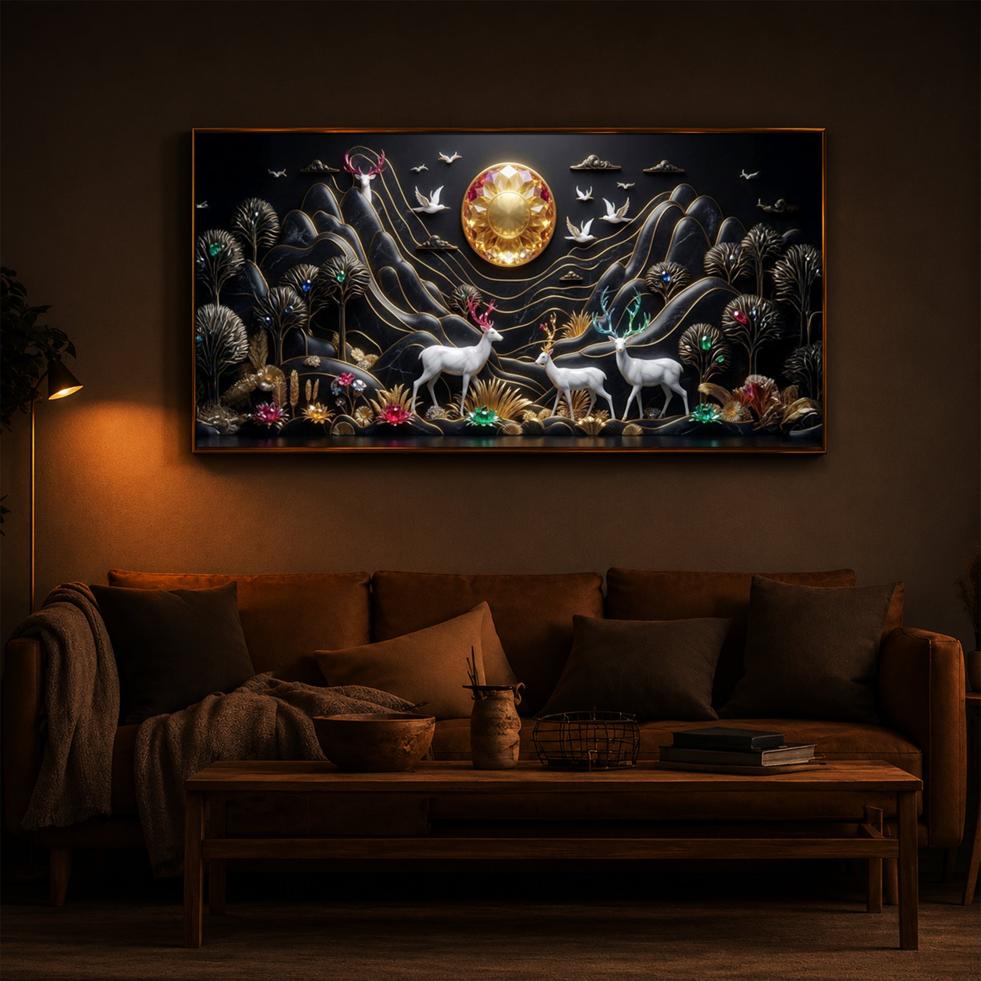 White Deer With Family Modern Luxury Backlight Horizontal Wall Art