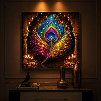 Glowing Peacock Feather Modern Luxury Backlight Square Wall Art
