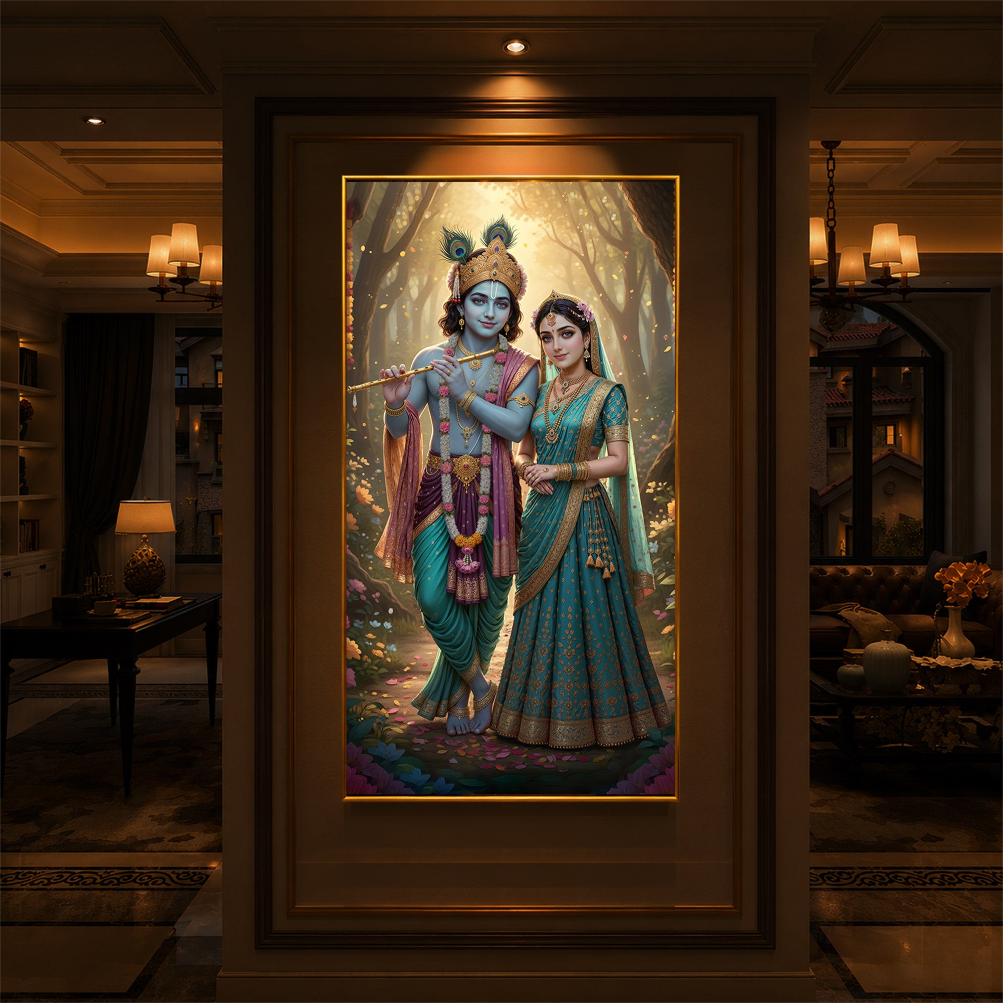 Radhe Krishna Ji Modern Luxury Backlight Vertical Wall Art