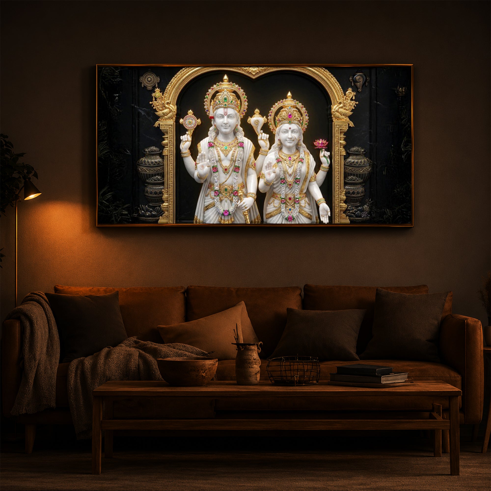 Lord Vishnu & Goddess Lakshmi Modern Luxury Backlight Horizontal Wall Art