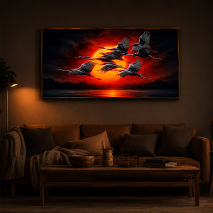 Flying Cranes At Sunset Modern Luxury Backlight Horizontal Wall Art