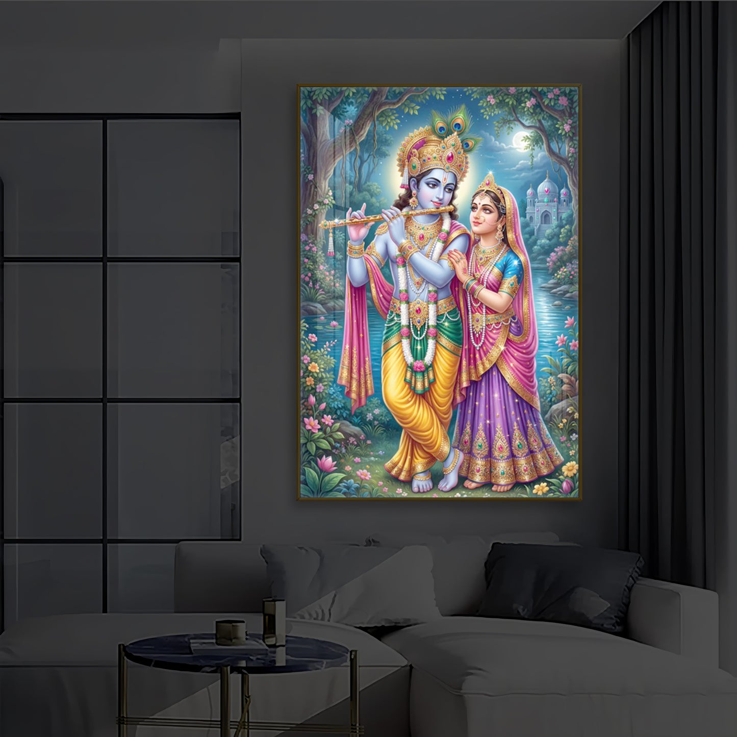 Hindu Deities Radha and Krishna Modern Luxury Backlight Vertical Wall Art