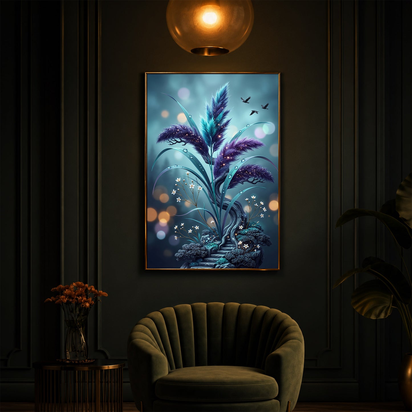 Mystical Purple Feather Plant Modern Luxury Backlight Vertical Wall Art