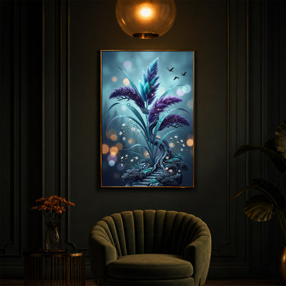 Mystical Purple Feather Plant Modern Luxury Backlight Vertical Wall Art