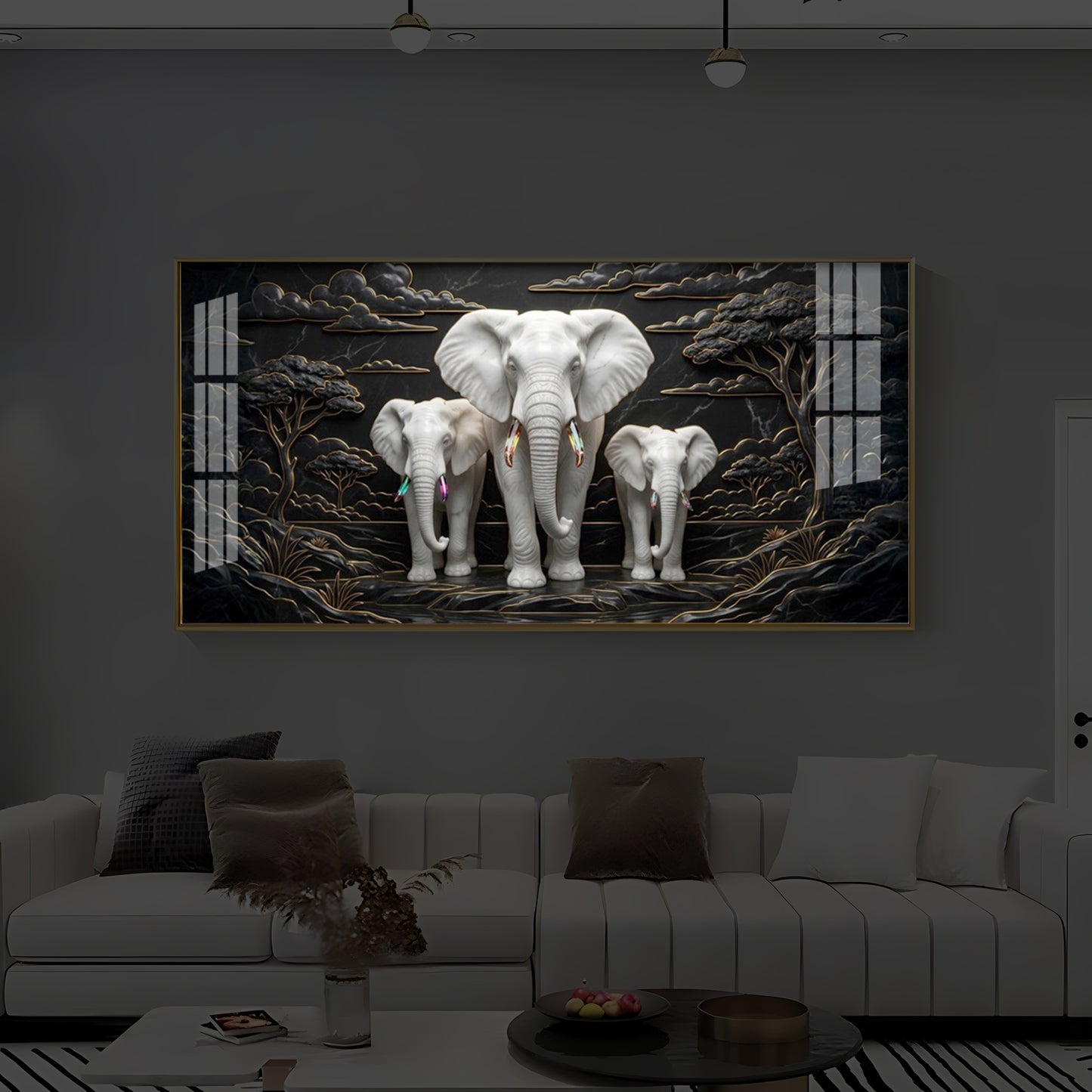White Elephant Family Modern Luxury Backlight Horizontal Wall Art