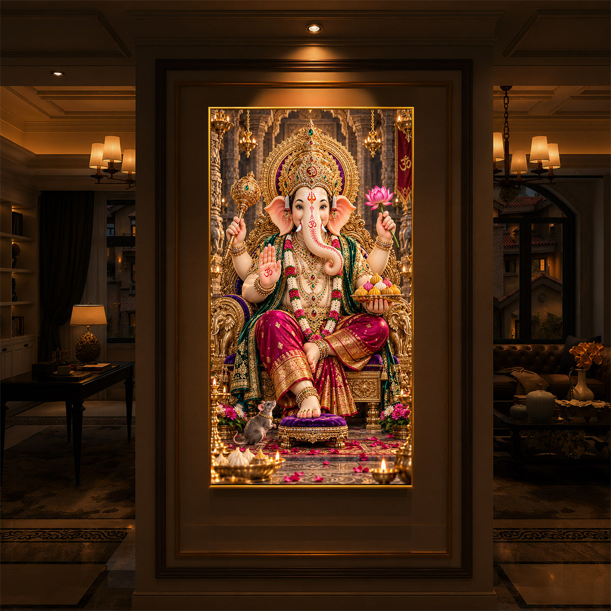 Ganapati Bappa Golden Throne Modern Luxury Backlight Vertical Wall Art
