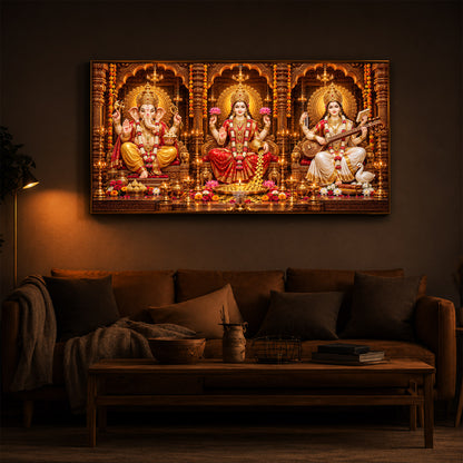 Maa Lakshmi, Lord Ganesha & Goddess Saraswati Modern Luxury Backlight Horizontal Wall Art
