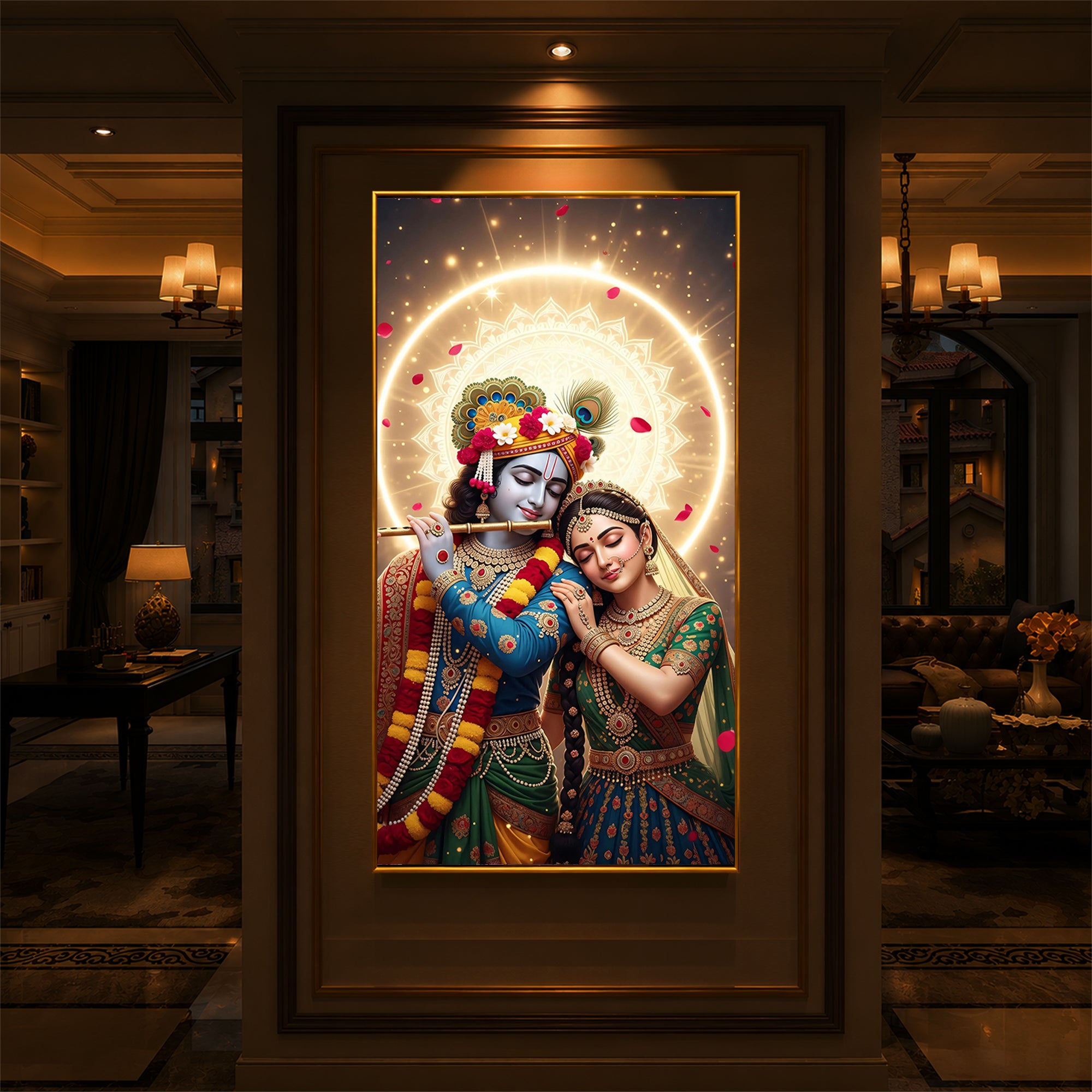 Couple Radhe Krishna Modern Luxury Backlight Vertical Wall Art