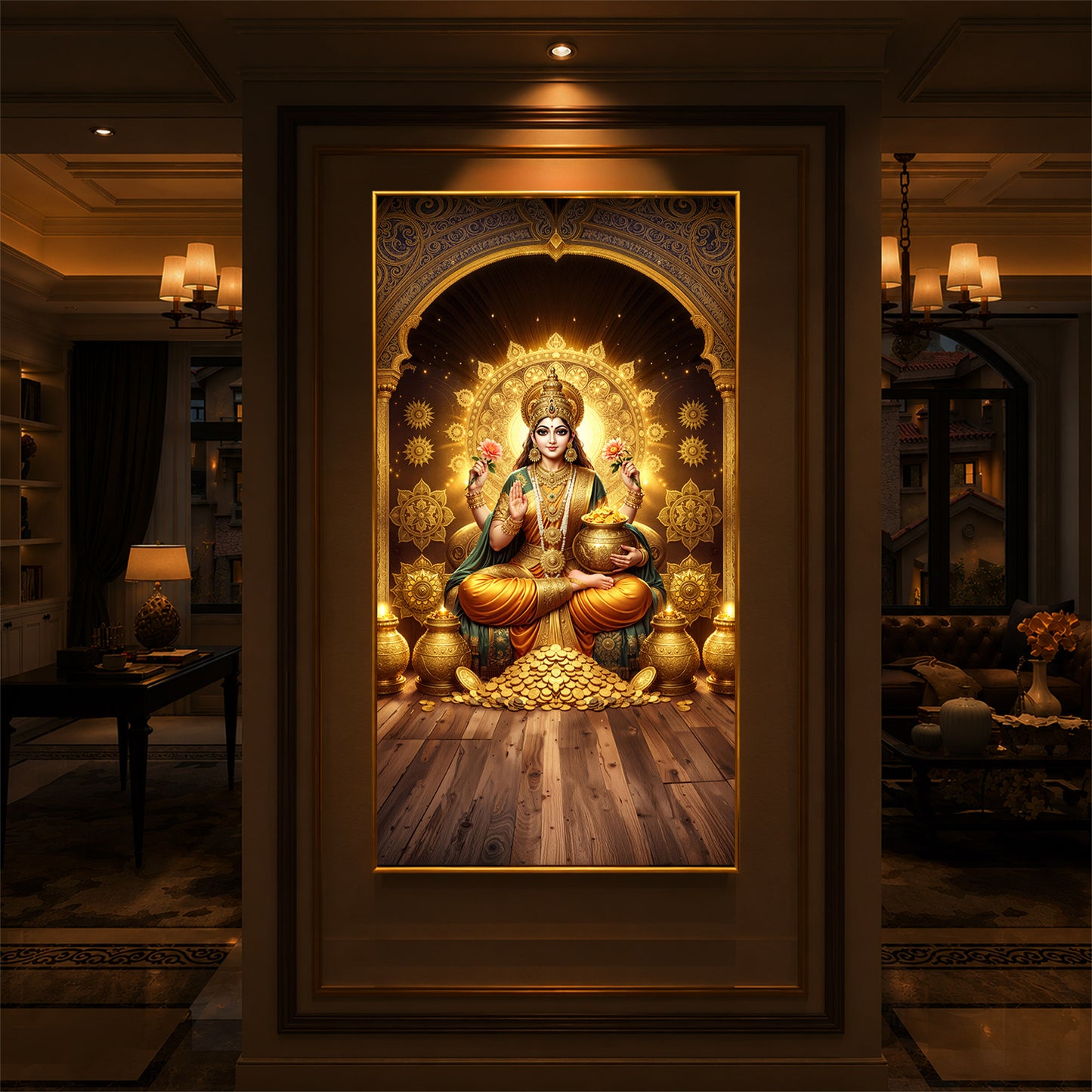 Goddess Lakshmi Maa Modern Luxury Backlight Vertical Wall Art