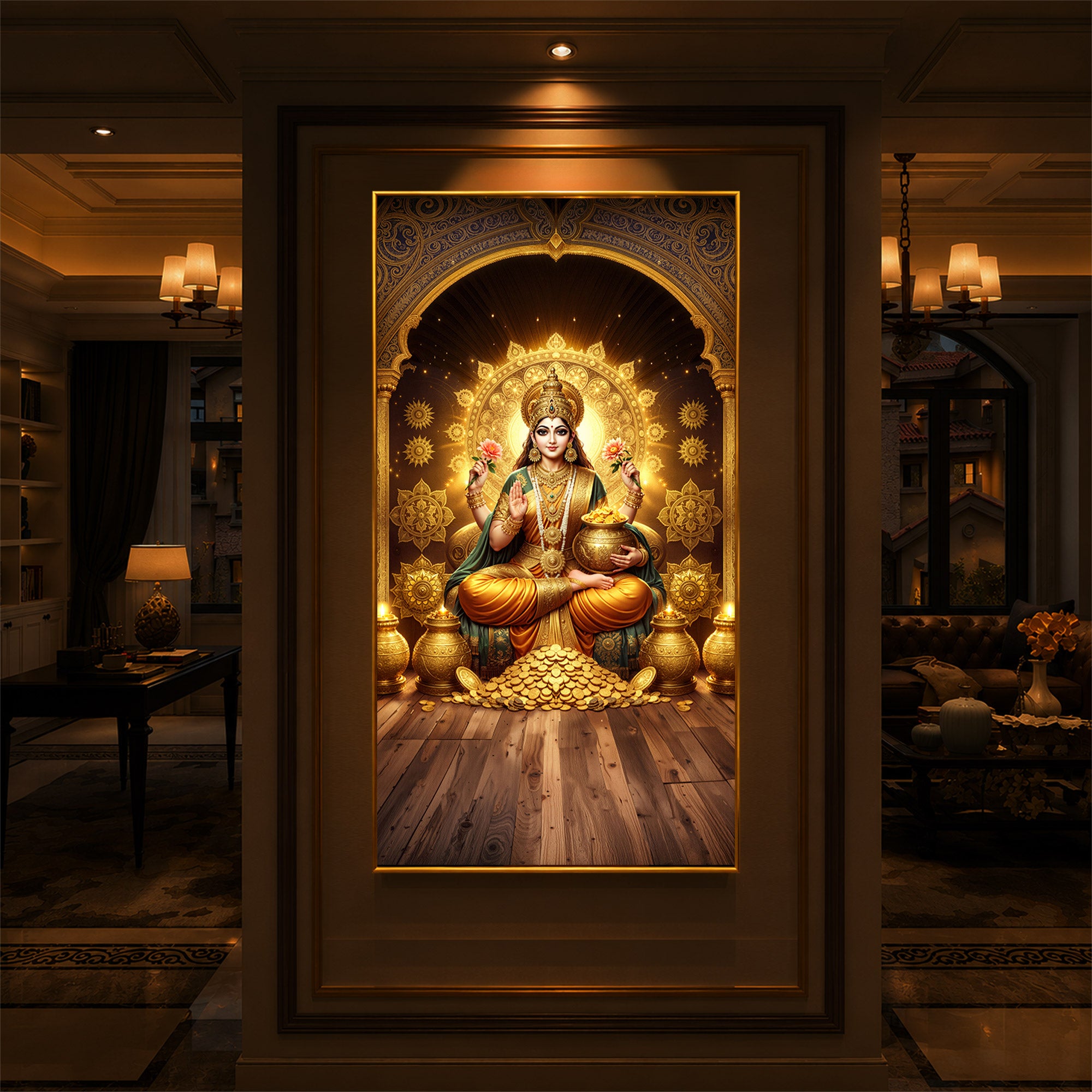 Goddess Lakshmi Maa Modern Luxury Backlight Vertical Wall Art