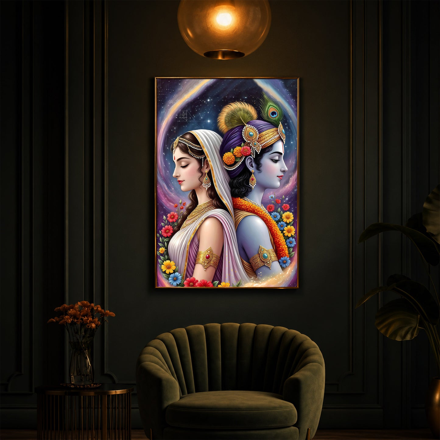 Lord Sri Radhe Krishna Modern Luxury Backlight Vertical Wall Art