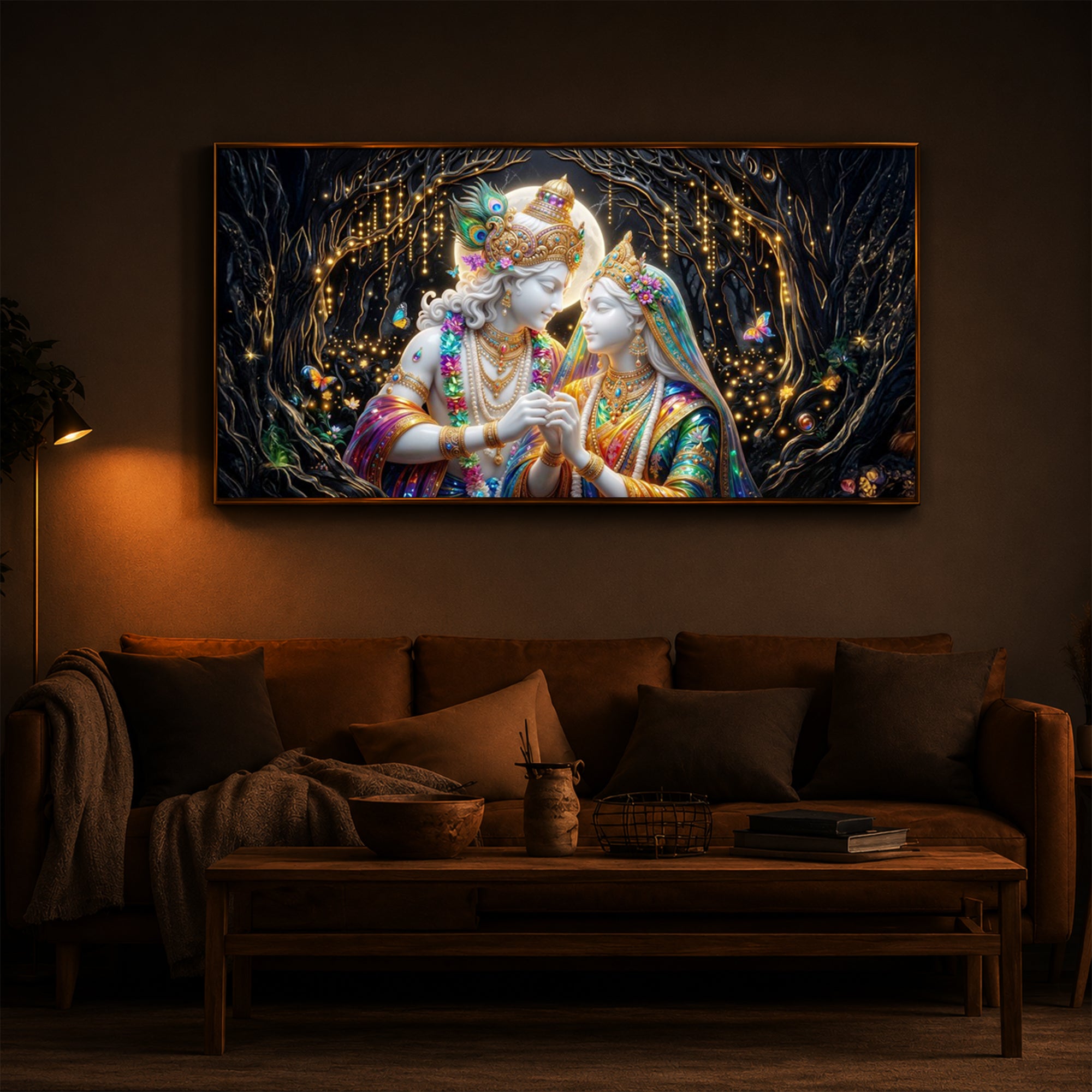 Spiritual Moonlight Radha Krishna Modern Luxury Backlight Horizontal Wall Art
