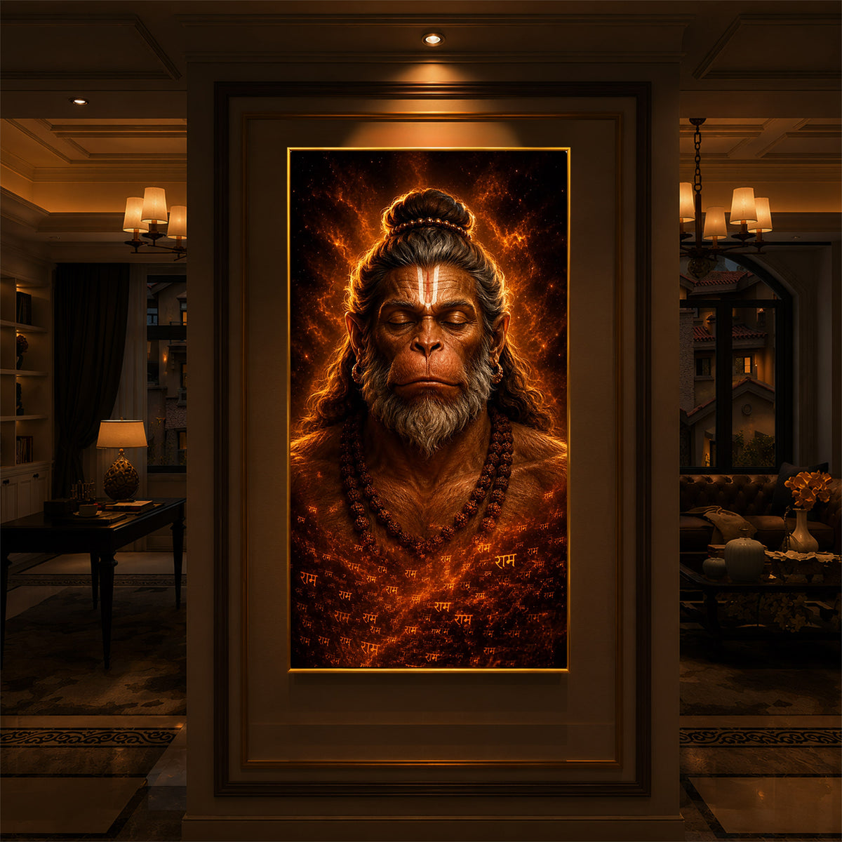 Divine Bajrangbali Meditating Modern Luxury Backlight Vertical Wall Art