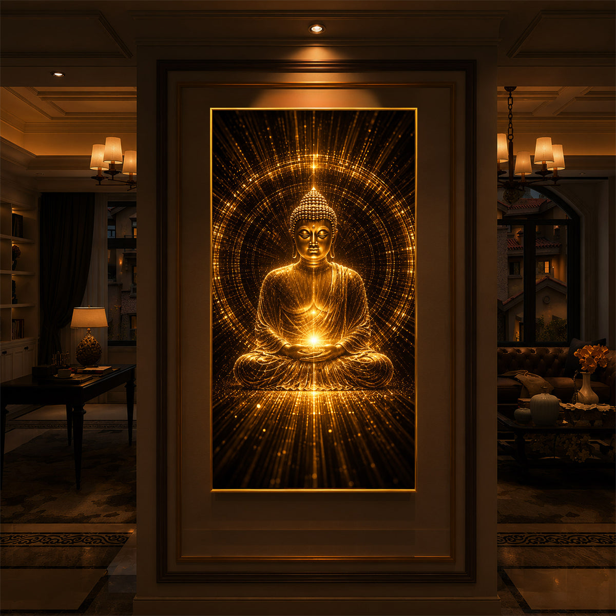 Golden Buddha Meditation Posture Modern Luxury Backlight Vertical Wall Art