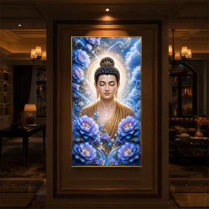 Divine Buddha Glowing Aura Modern Luxury Backlight Vertical Wall Art