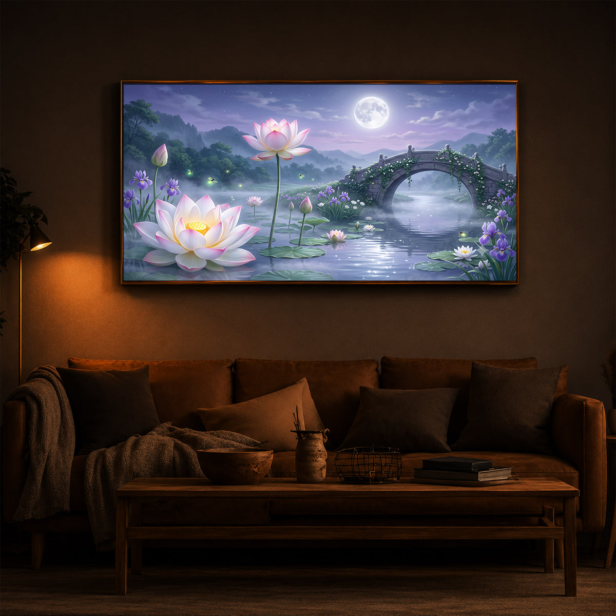 Moonlit Lotus Bridge Modern Luxury Backlight Horizontal Wall Art