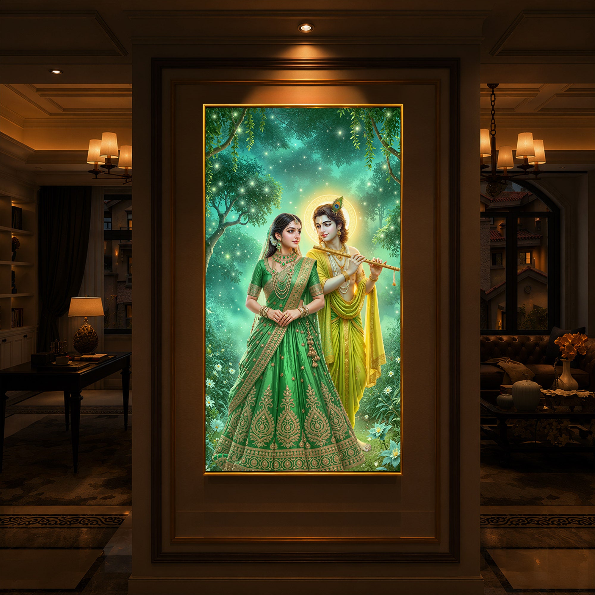 Shri Radhe Krishna Modern Luxury Backlight Vertical Wall Art