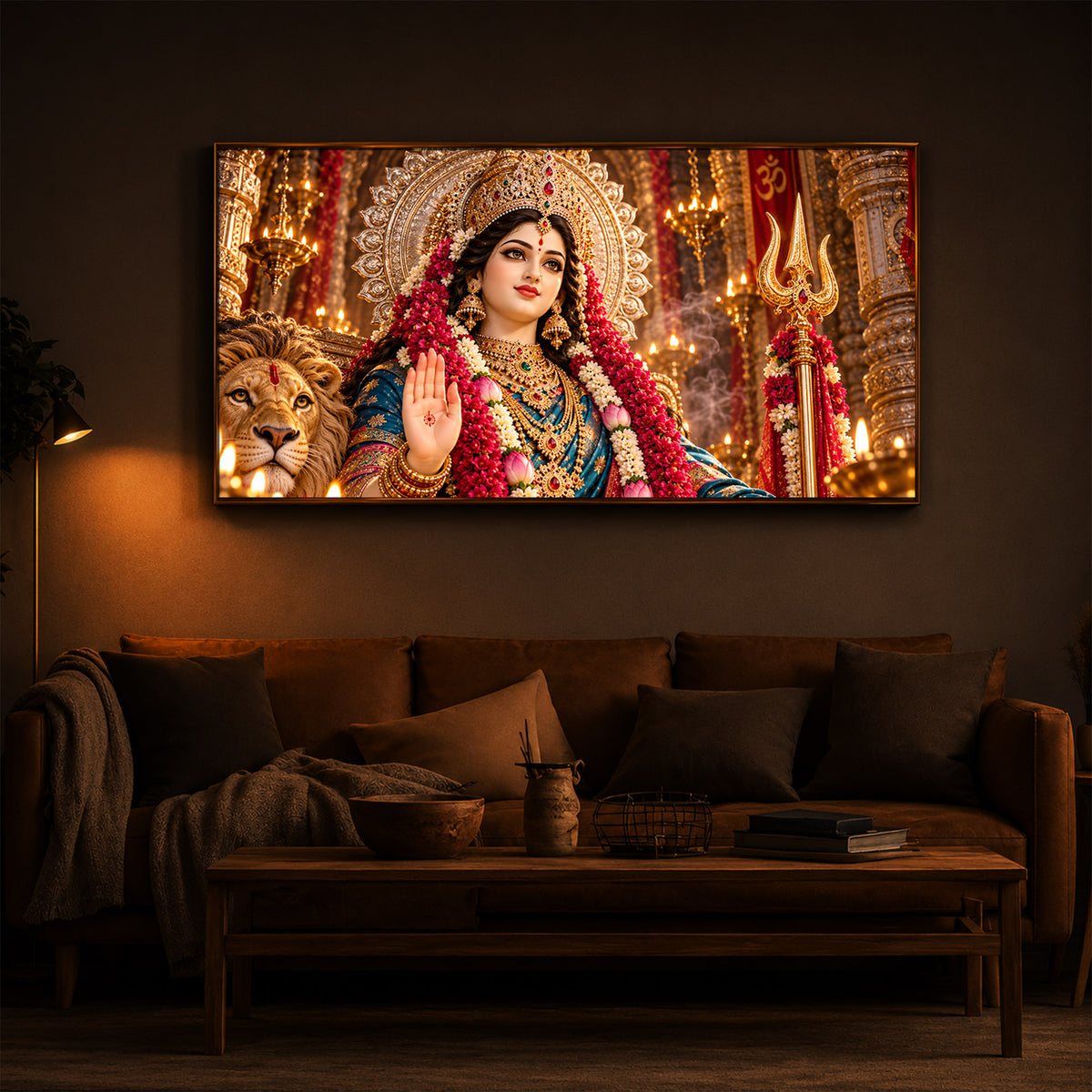 Divine Maa Durga Modern Luxury Backlight Horizontal Wall Art
