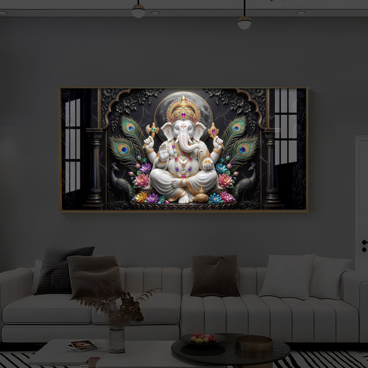 Lord Ganesha With Peacock Feather Modern Luxury Backlight Horizontal Wall Art