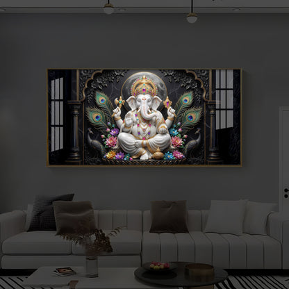 Lord Ganesha With Peacock Feather Modern Luxury Backlight Horizontal Wall Art