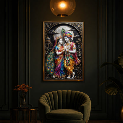 Radha Krishna With Moon Modern Luxury Backlight Vertical Wall Art