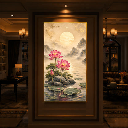 Serene Pink Lotus Landscape Modern Luxury Backlight Vertical Wall Art