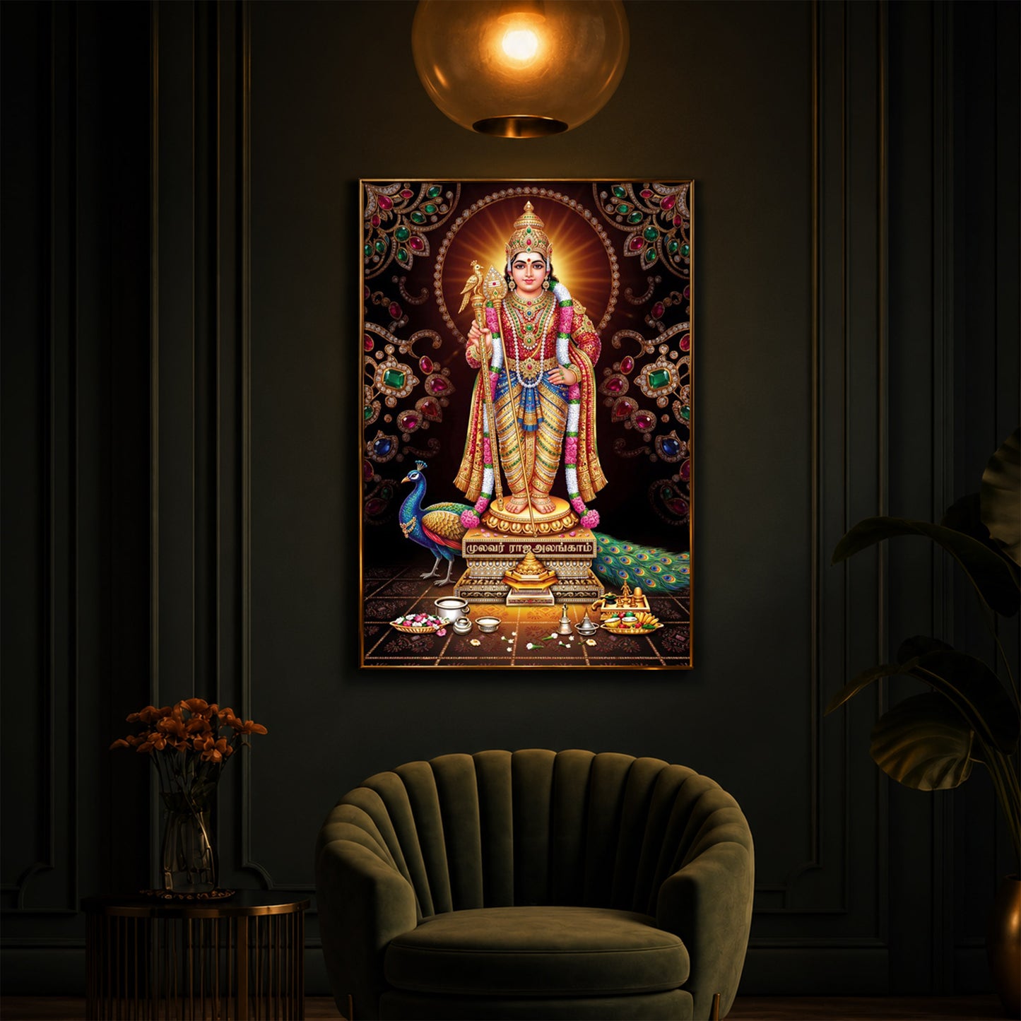 Lord Murugan With Peacock Modern Luxury Backlight Vertical Wall Art