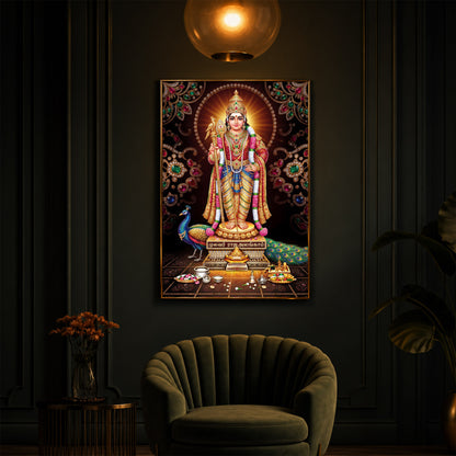 Lord Murugan With Peacock Modern Luxury Backlight Vertical Wall Art