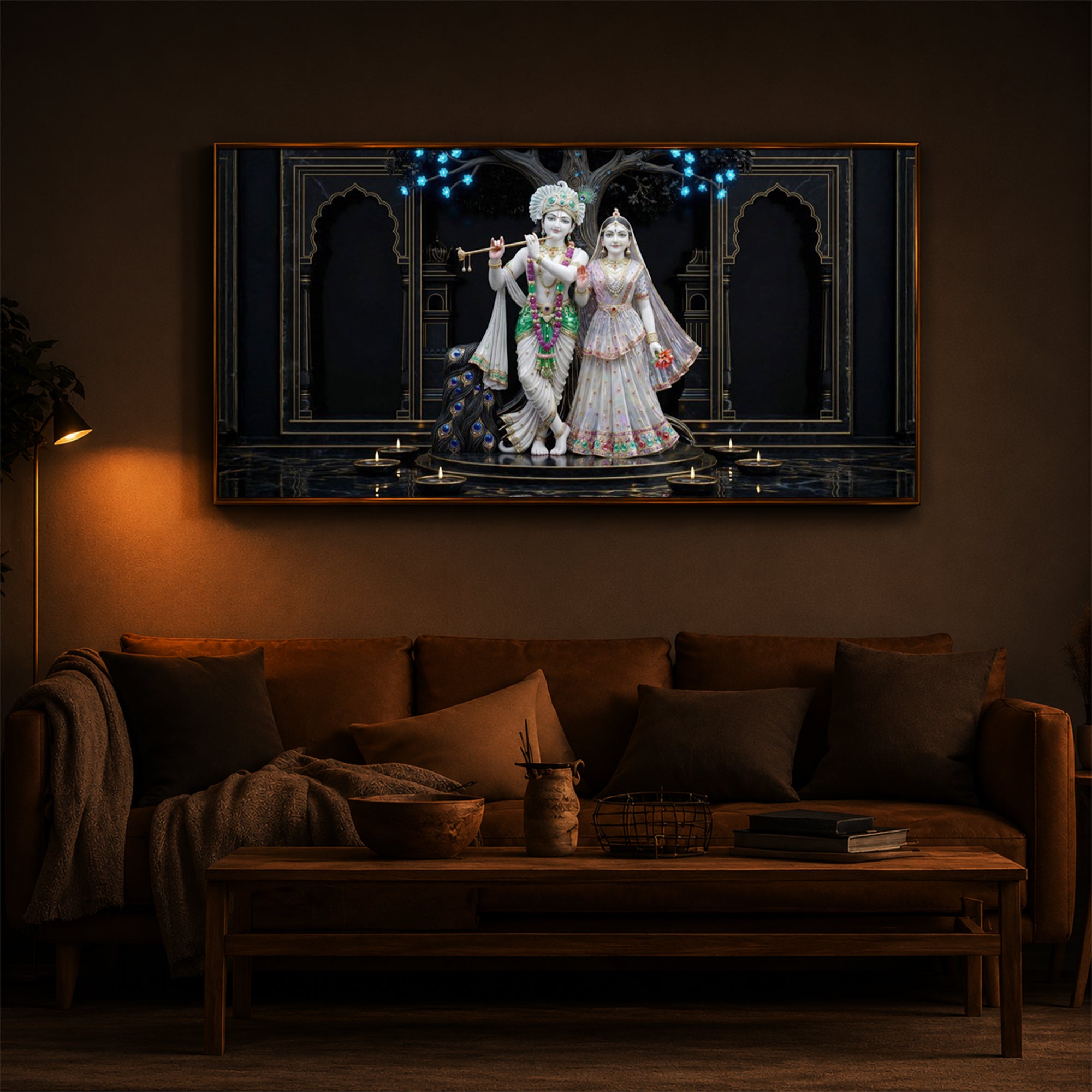Radha Krishna With Flute Modern Luxury Backlight Horizontal Wall Art