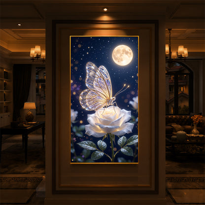 Butterfly On White Rose Modern Luxury Backlight Vertical Wall Art