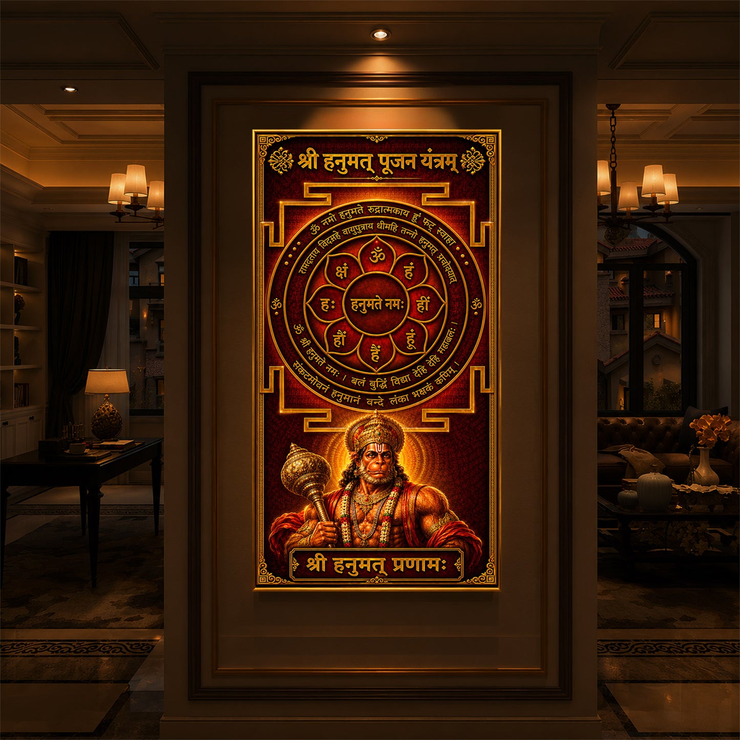 Shri Hanumat Pujan Yantram Modern Luxury Backlight Vertical Wall Art
