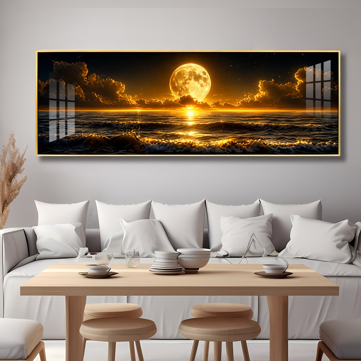 Golden Full Moon Ocean Clouds Premium Acrylic Horizontal Wall Art