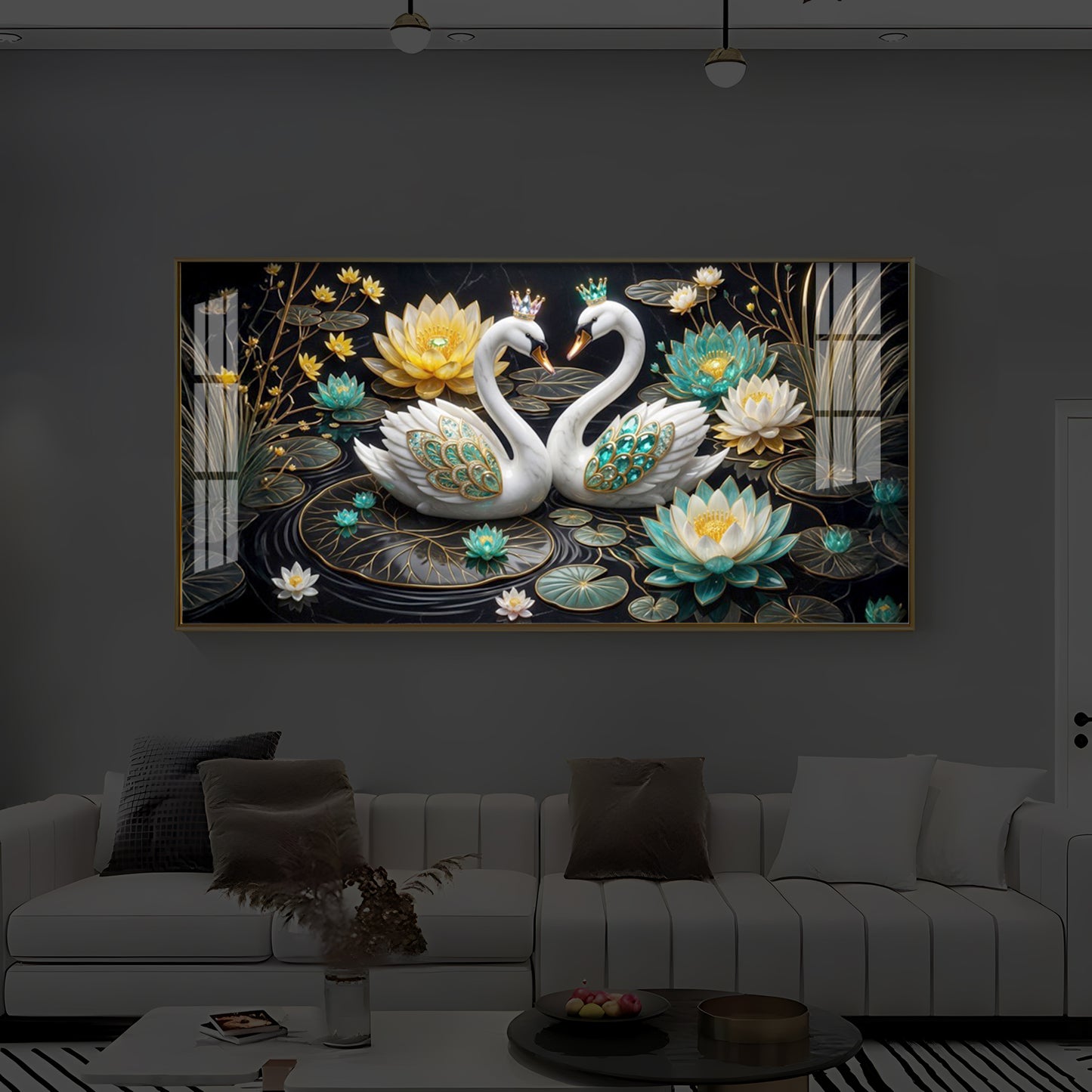 Pair Of White Swans Modern Luxury Backlight Horizontal Wall Art