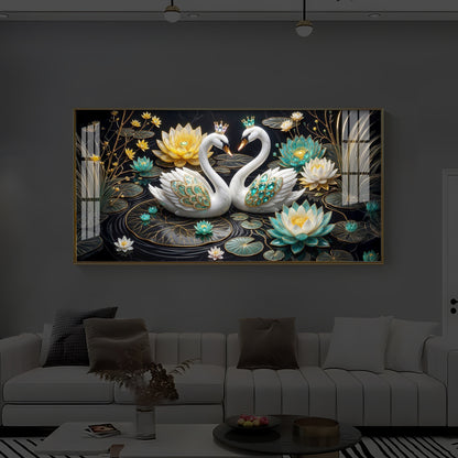 Pair Of White Swans Modern Luxury Backlight Horizontal Wall Art