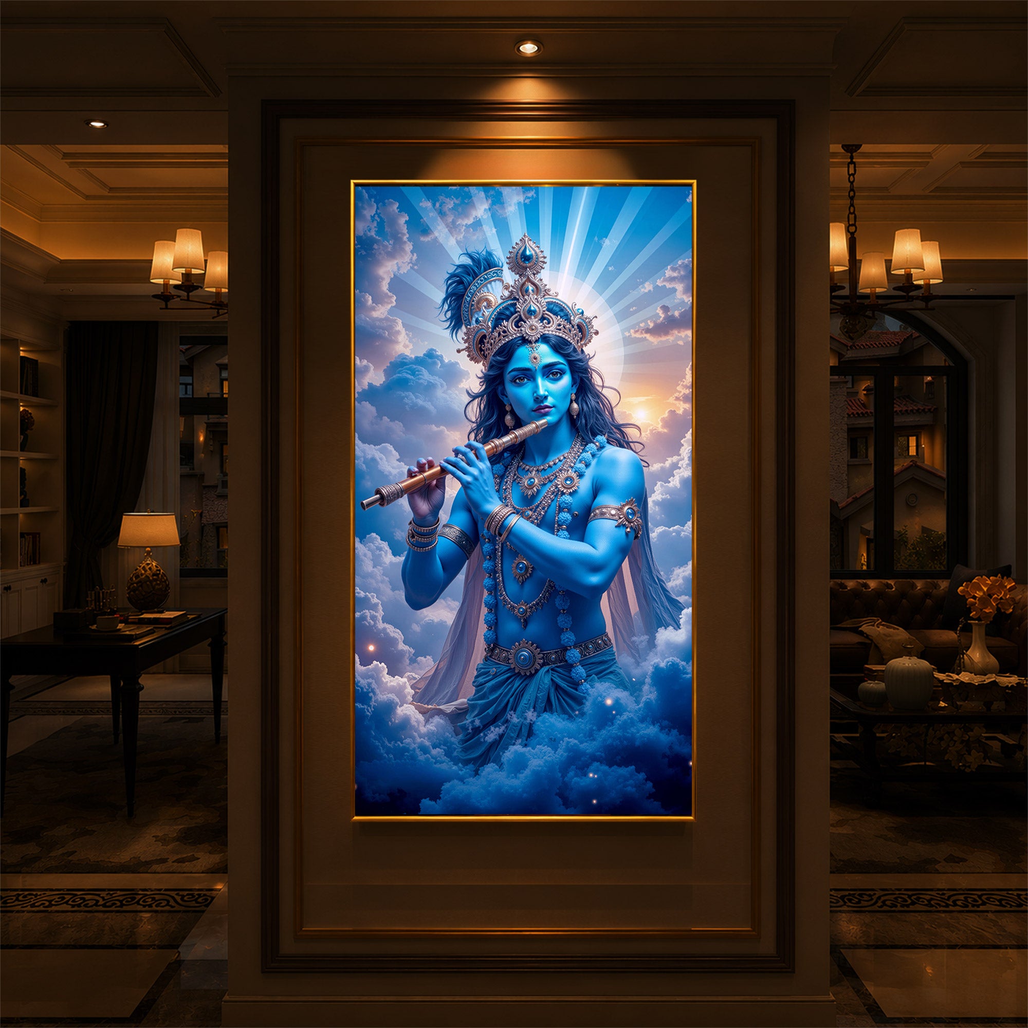 Lord Shri Krishna Modern Luxury Backlight Vertical Wall Art