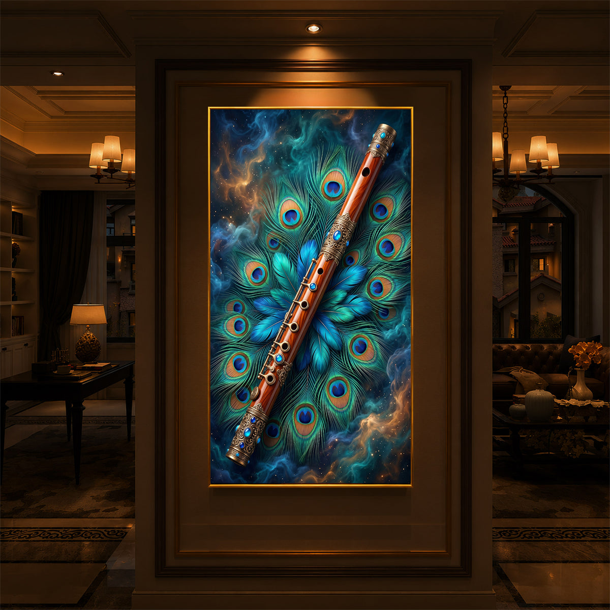 Flute With Peacock Feather Modern Luxury Backlight Vertical Wall Art
