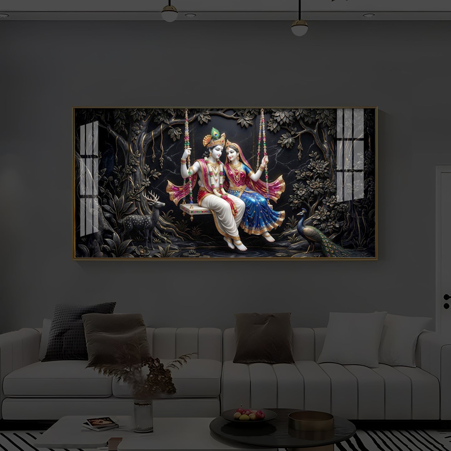 Radha Krishna Swing Modern Luxury Backlight Horizontal Wall Art
