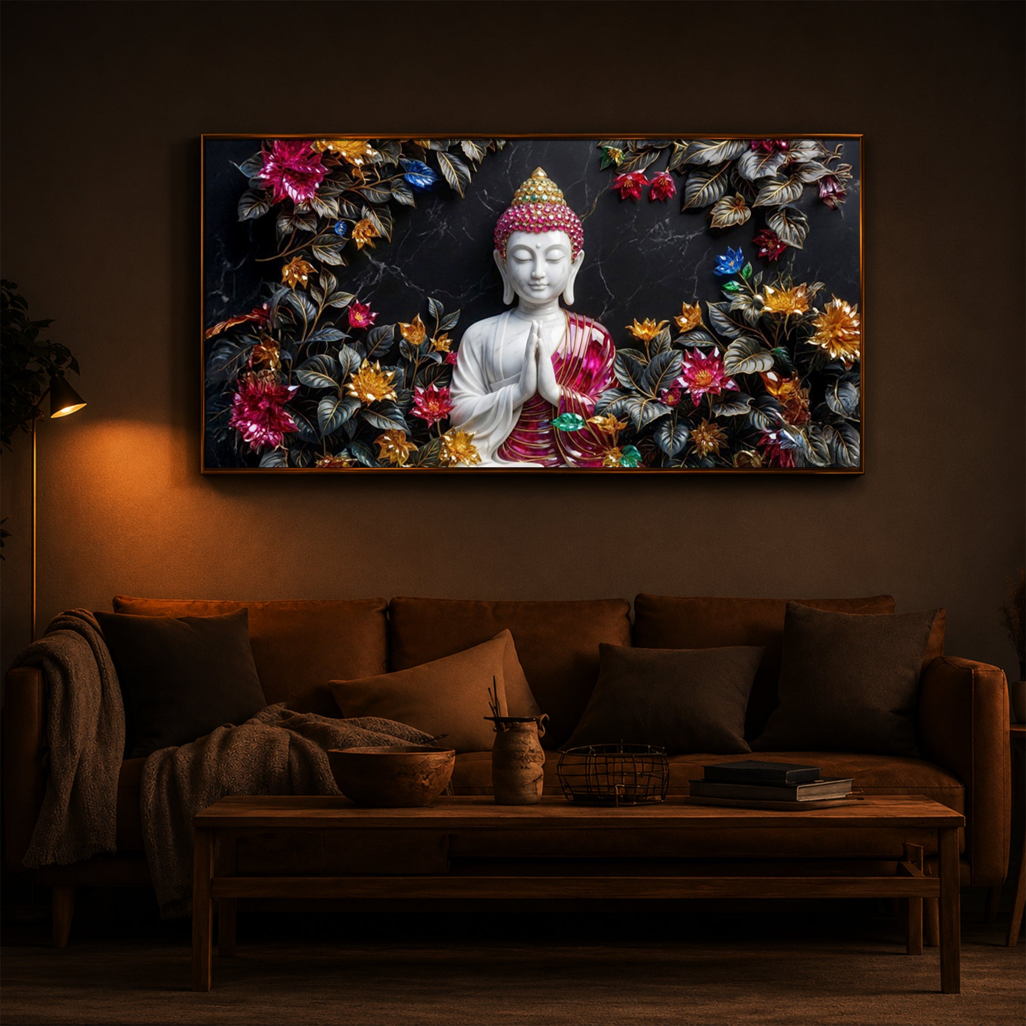 White Buddha With Pink Lotus Modern Luxury Backlight Horizontal Wall Art