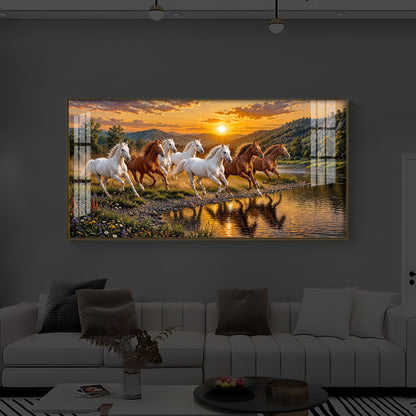 Seven Running Horses With Sunset Splash Modern Luxury Backlight Horizontal Wall Art