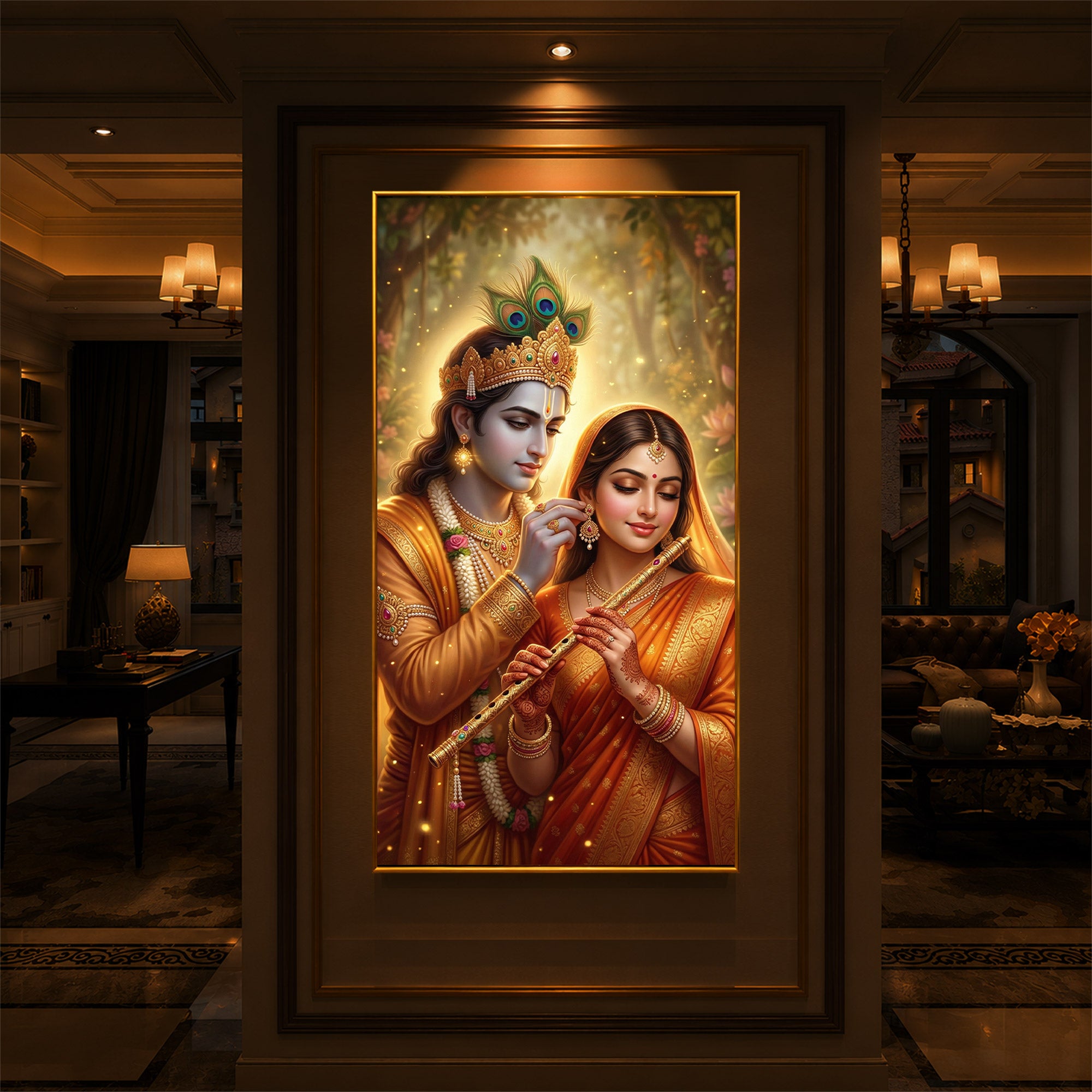 Jai Radha Krishna Modern Luxury Backlight Vertical Wall Art