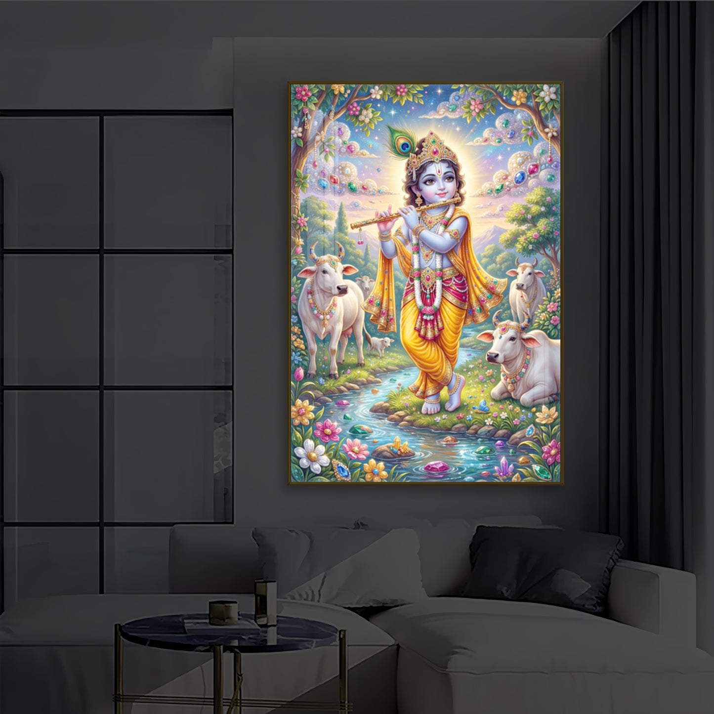 Little Kanha With Cow Modern Luxury Backlight Vertical Wall Art