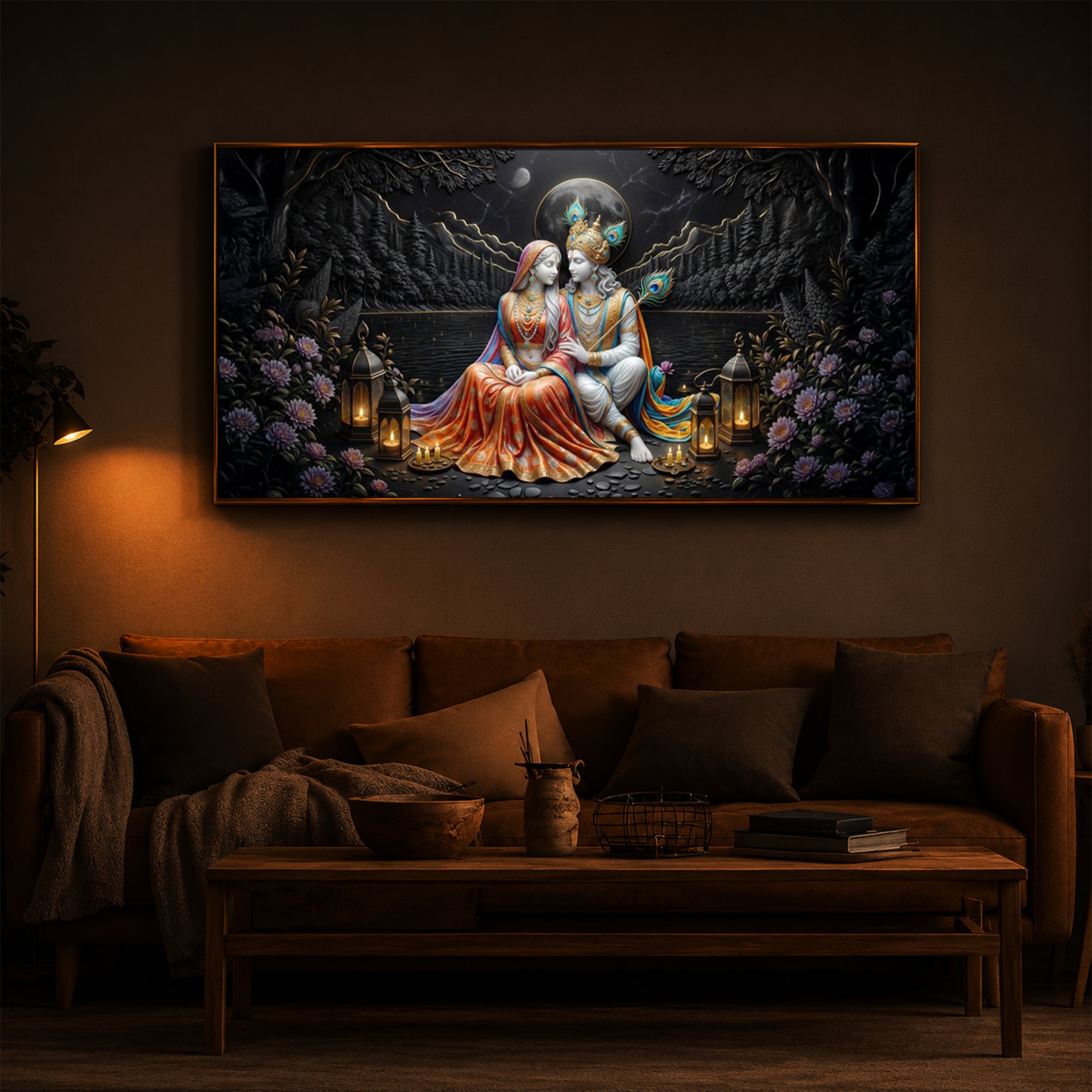 Hindu Deity Radha Krishna Modern Luxury Backlight Horizontal Wall Art